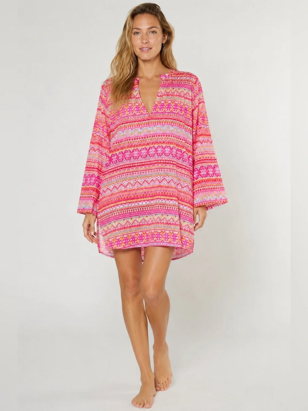 Calypso St. Barth Pink Orange Cotton Kaftan Beach Cover Up Tunic Small Resort - Picture 1 of 5